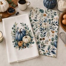 2/4/6/8pcs Kitchen Towels Set, Blue & White Pumpkin Eucalyptus Print Polyester Hand Towels, Watercolor Autumn Botanical Design, Farmhouse Fall Kitchen Decor, Thanksgiving Decorations - Multicolor - View 2