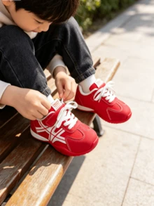 1 Pair Chic Contrast Stripe Kids Retro Casual Sneakers Cute Hook And Loop Children Flat Shoes For School Daily Stroll Weekend Outing - Red - View 5
