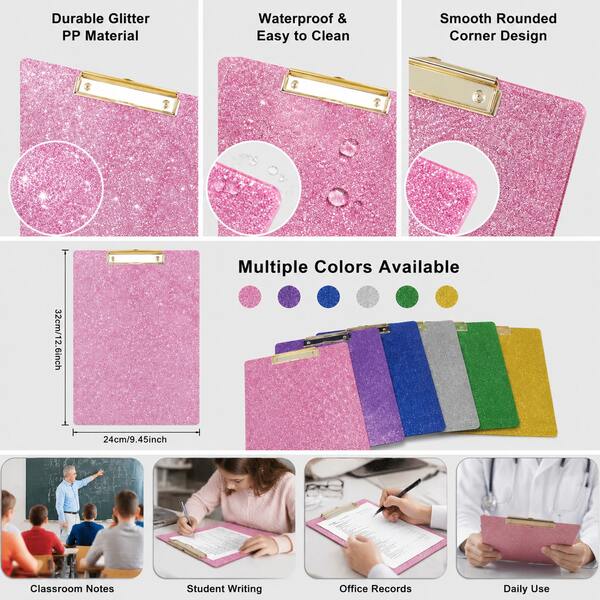 1pc Pink Glitter Acrylic Clipboard, 9.06*12.6 Inches, Transparent Glitter Folder Board; Equipped With Sturdy Gold Metal Clip, Smooth Writing Surface, Hanging Hole Design, Highly Attractive Transparent Memo Board; Standard A4 Size Office And Study Stationery, Suitable For Students Preparing For Exams, Teachers And Office Workers, Desktop Planning And Storage Essential, Ins-Style Desktop Decor, Exquisite Gift For Girls And Women Starting School