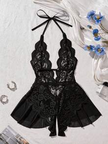 1pc Women's Lace Sheer Backless Jumpsuit, Nightgown, Sexy Lingerie - Black - View 3