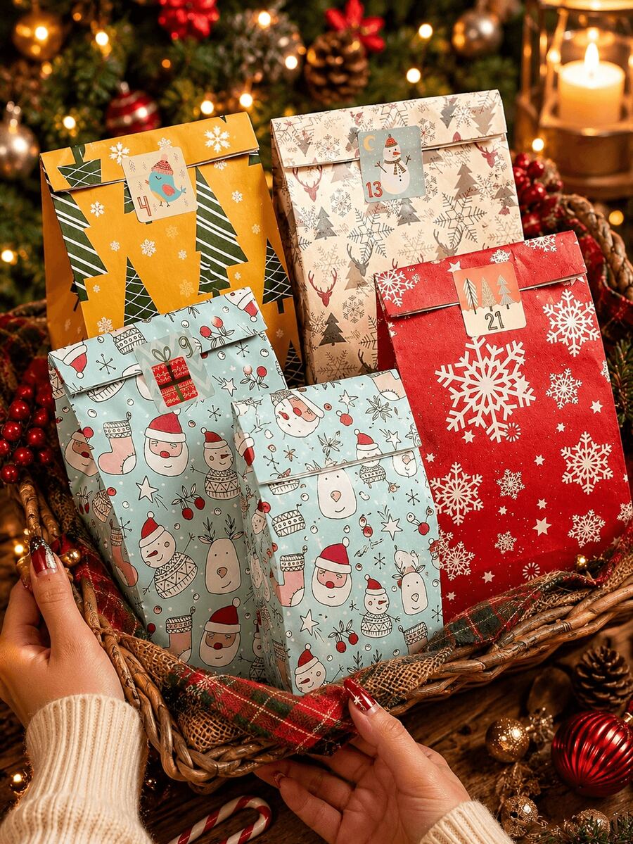Tas Kado Natal Motif Kepingan Salju & Rusa Kutub dengan Stiker, Tas Kado Kertas Liburan Tahun Baru untuk Pesta, Perayaan dan Dekorasi Liburan, Dekorasi Natal Rusa Kutub, Portabel untuk Penggunaan di Luar Ruangan, Hadiah Liburan untuk Teman - View 1