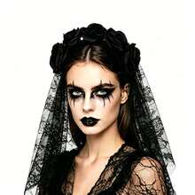 1pc Black & White Gothic Style Elegant Short Lace Trim Veil Headpiece, Suitable For Weddings, Formal Events, Halloween,Festival,Party - Black - View 6