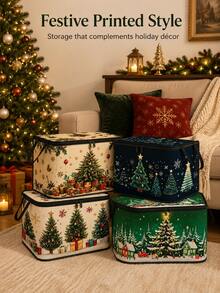 Open-Top Rustic Christmas Tree Storage Basket, Hand-Painted Pine Tree, Snowflake And Star Pattern, Red Black Silver Color Scheme, Vintage Winter Holiday Design, Foldable With Handle Storage Bin, Home Organization Use - Multicolor - View 7