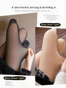 1pc Women's High Elasticity 80g Faux Sheer Warm Tights, Black Realistic Sheer Lined Leggings, Suitable For Daily Casual And Business Wear - Black - View 6