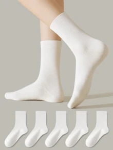 ZUJO 1/5 Pairs Women's Pure White Vertical Ribbed Mid-Calf Socks, Maternity Socks, Pregnancy Socks, Comfortable, Sweat-Absorbent, Breathable, Classic Versatile For Daily Casual Wear, Suitable For Spring, Autumn And Winter - White - View 4