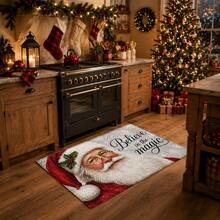1pc Santa Claus Print Faux Wool Rug, Vintage Santa Portrait And "Believe In The Magic" Letter Pattern Carpet, Classic Holiday Winter Home Decor, Suitable For Entryway, Kitchen, Living Room, Bedroom - Multicolor - View 3