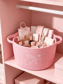 1pc Large Capacity Exquisite Bow Embroidery Pattern Storage Basket, Perfect For Storing Toys, Stationery, Perfume, Cosmetics, Gifts, Miscellaneous Items, Holiday Gift Packaging, Home Decor - Pink - View 7