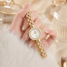 1pc Fashionable Gold Quartz Watch, Women's Elegant Round Dial Rhinestone Watch, Daily Gift - Style 1 - View 3