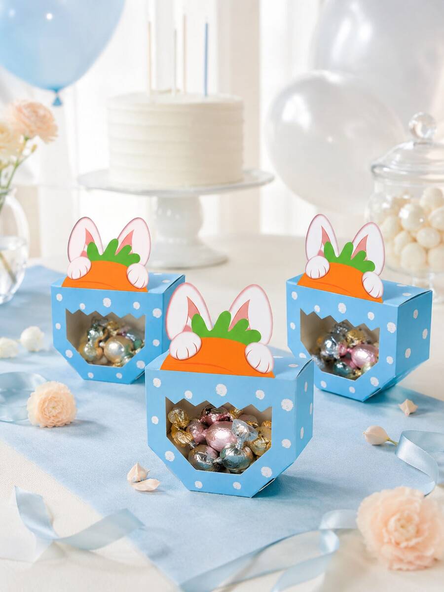 10pcs Reusable Blue Rabbit Candy Gift Boxes With Transparent Window, Cute Polka Dot And Carrot Design, Suitable For Spring Party, Birthday Celebration And Party Favors Easter Snack Packaging - Multicolor - View 1