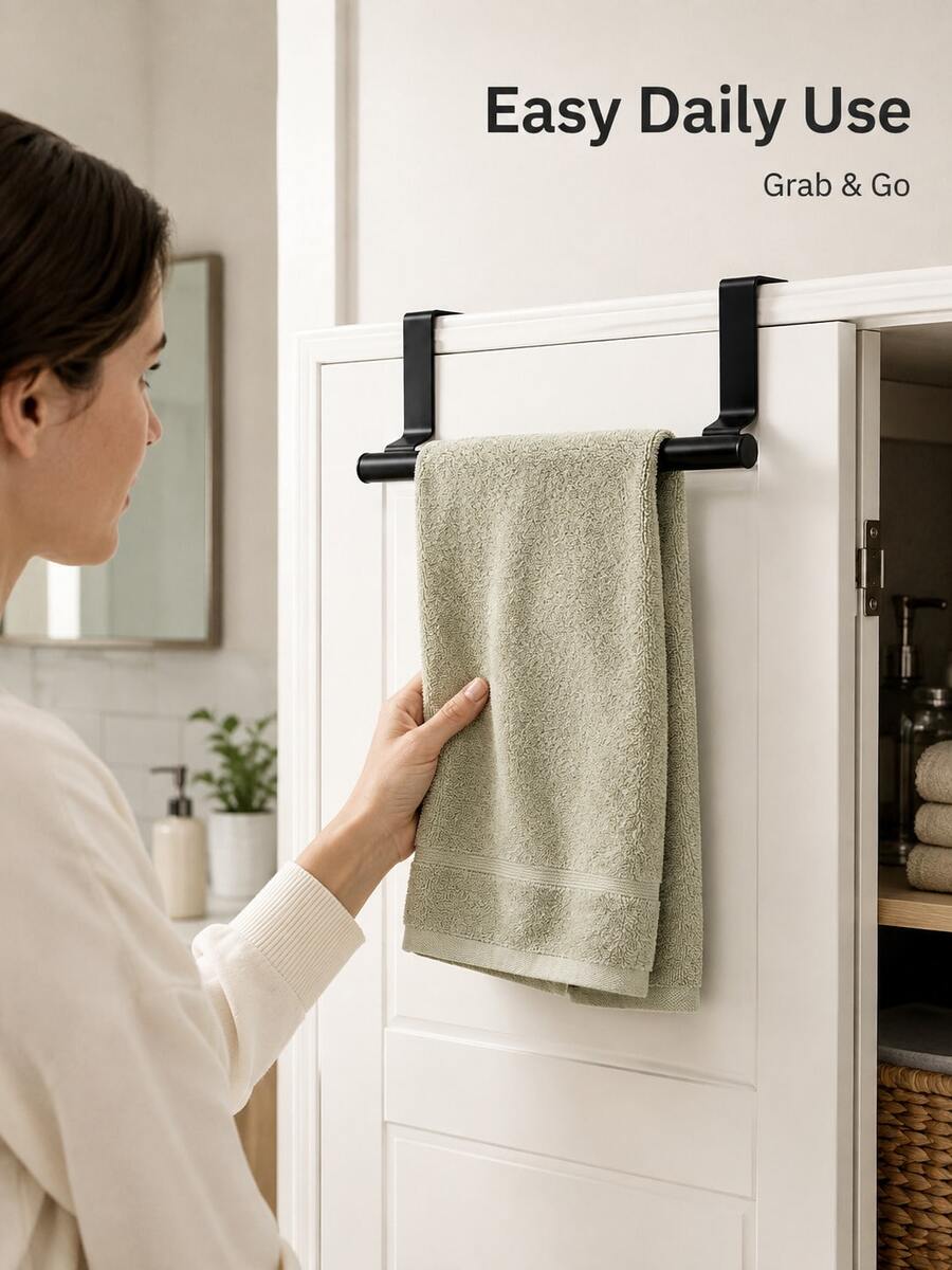 Basic Living 1pc Black Single Bar Towel Rack, Cabinet Door Back Hanging No-Drill Towel Bar - A - View 1