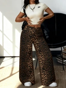 Da Jade French Leopard Print High Waist Wide Leg Trousers With Side Pockets City Stroll Night Out Shopping Gathering Eye‑Catching Versatile Statement - Brown - View 2