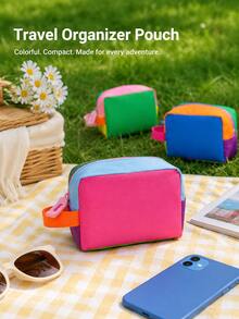Colorblock Travel Organizer Bag, Cute Mini Zipper Storage Pouch With Handle, Portable Cosmetic Toiletry Bag, Multi-Purpose Travel Camping Dorm Bathroom Daily Storage Accessories Small Items Organizer Box - Multicolor - View 3