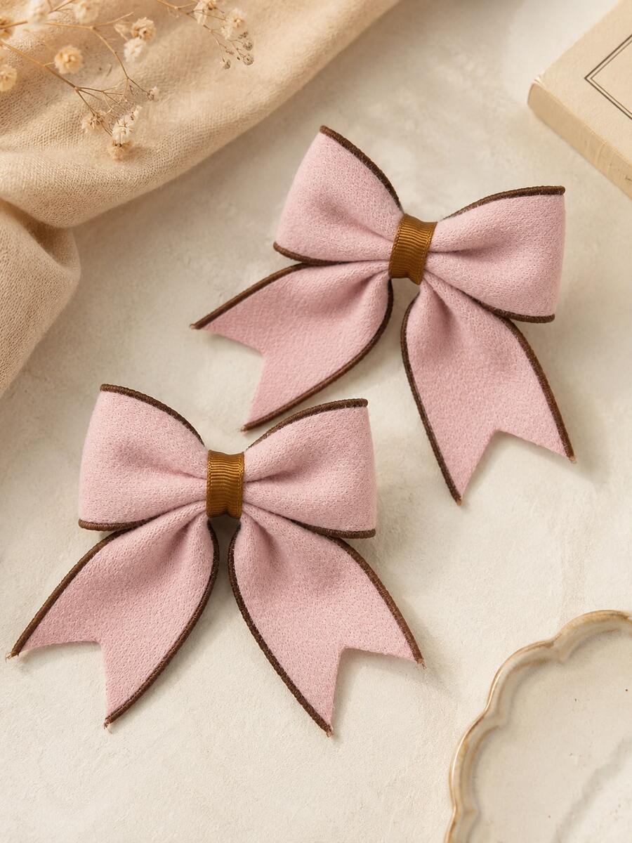 2pcs Girls Autumn/Winter Brown & Pink Contrast Color Bow Hair Clips ...