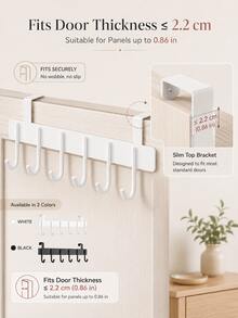 Over-The-Door Hook Rack, Multi-Function Storage Hooks, 6 Door Hooks For Hanging Clothes, Towels, Suitable For Bathroom, Kitchen Cabinet Doors, Max Thickness 2.2cm, Space Saving, Sturdy Hanger, Heavy Duty, Easy Mount, Christmas Gift - Multicolor - View 10