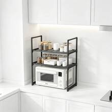Rak Penyimpanan Multifungsi untuk Meja Dapur, Desain Tinggi Cocok untuk Oven Microwave, Desain Pegangan, Rak Berongga untuk Ventilasi dan Drainase, Tabung Baja Tebal dengan Kapasitas Beban yang Kuat, Rak Pengatur Peralatan Dapur Rumah Tangga, Panci, Botol, Tersedia Berbagai Ukuran - Hitam dan Putih - View 5