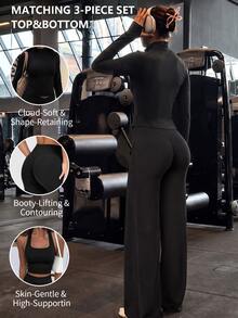 Black 3-Piece Sports Set, Zipper Long Sleeve Jacket, Halter Neck Tank Top, High Waist Wide Leg Yoga Pants - Black - View 3