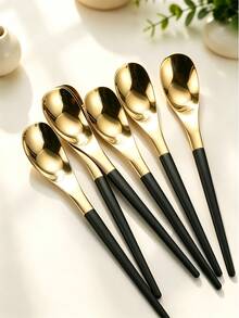 2/4/6pcs Stainless Steel Spoon Set, Reusable Dessert Spoons, Suitable For Home, Restaurant, Afternoon Tea - Gold + Black - View 4