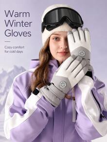 Colorblock Ski Gloves, Minimalist Sports Style, Thick Windproof And Waterproof Fabric, Decorative Round Badge, Adjustable Hook And Loop Wrist Strap, Warm, Anti-Slip And Durable, Suitable For Winter Skiing, Hiking, Snow Outdoor Cold Weather Activities - Multicolor - View 3
