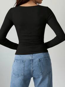 Basic Solid Color Long Sleeve T-Shirt, Short Slim Fit, Essential Casual Black Item For Autumn/Winter - Black - View 3