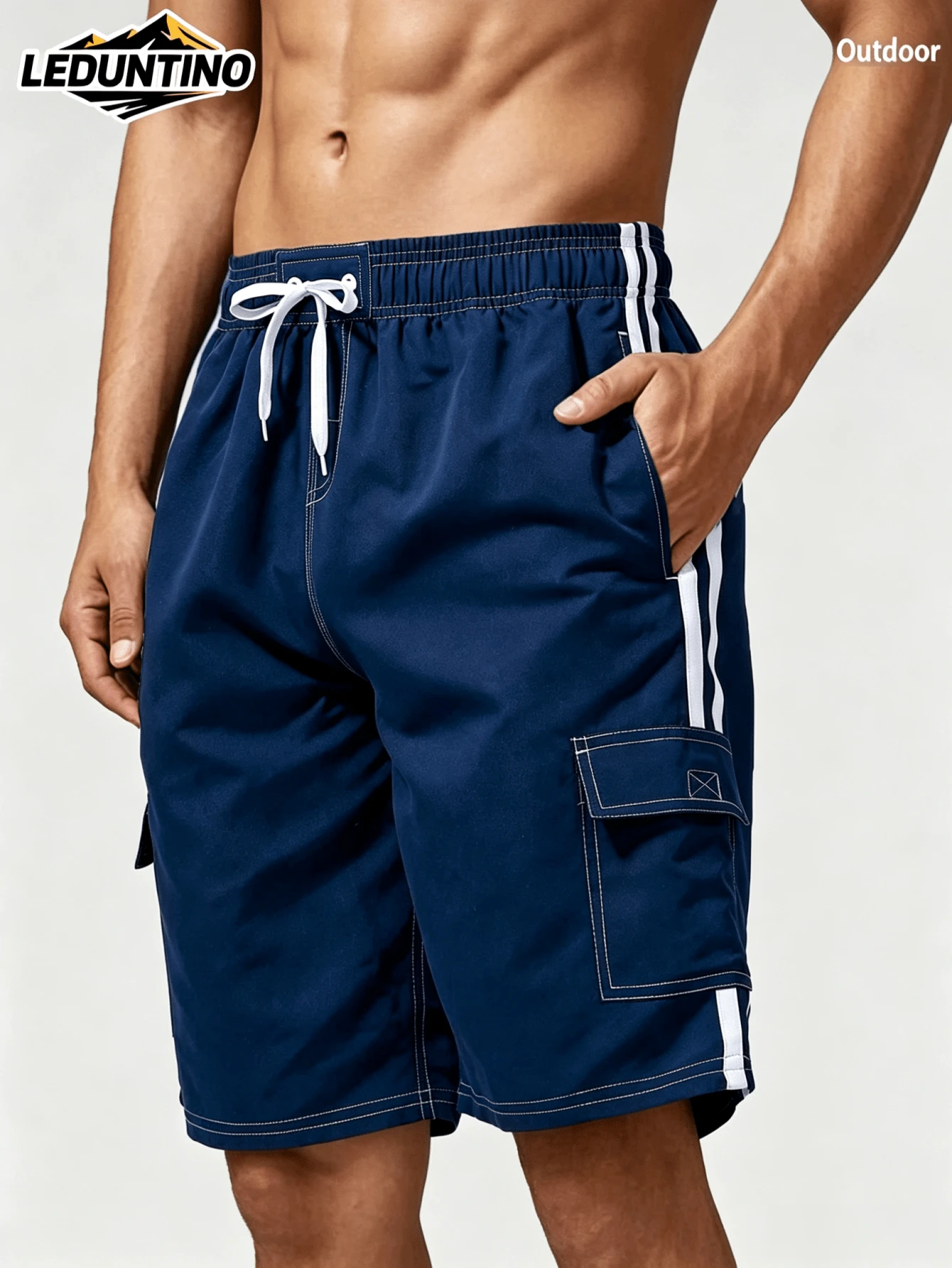 LEDUNTINO [Spring/Summer] Men's Fashion 2-In-1 Double Layer Shorts, Solid Color, Striped, Multi-Pocket, Men's Summer Elastic Waist Shorts - Navy Blue - View 1