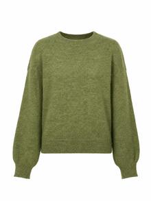 Women's Army Green Loose Knit Long Sleeve Round Neck Sweater For Fall Winter Daily Wear, Soft Medium Stretch Drop Shoulder Top - Green - View 6