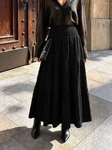 Women's Solid Color Shirred Design Elegant Skirt, Casual & Elegant, Polyester, Shirred, Suitable For Holidays, Office, Dates, Travel, Daily Wear, All Seasons - Black - View 2