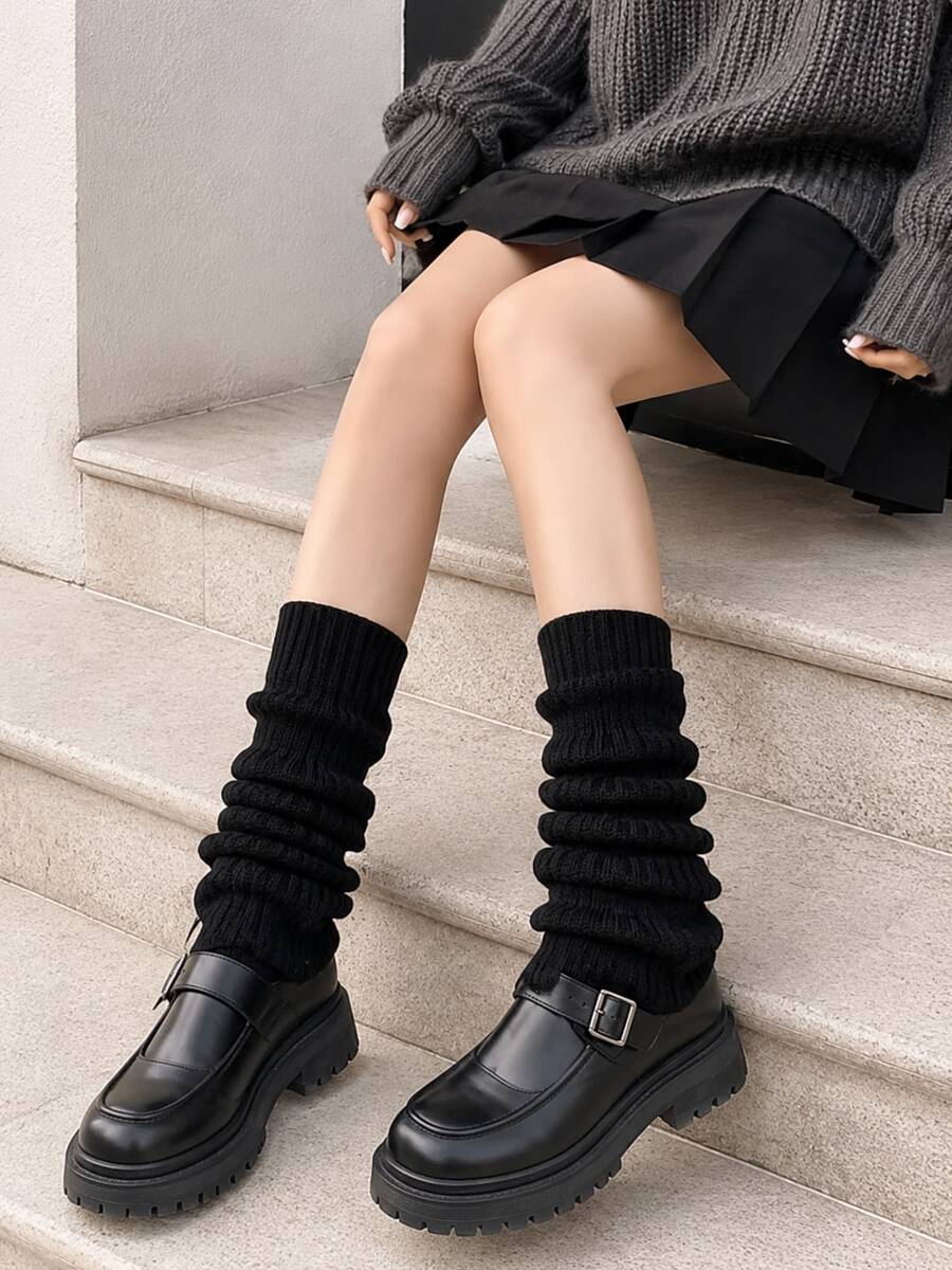 Women's Black Knit Leg Warmers, Slouchy Ribbed Boot Socks, Preppy Y2K Streetwear For Fall Winter Campus, Casual & Daily Outfits - Multicolor - View 1