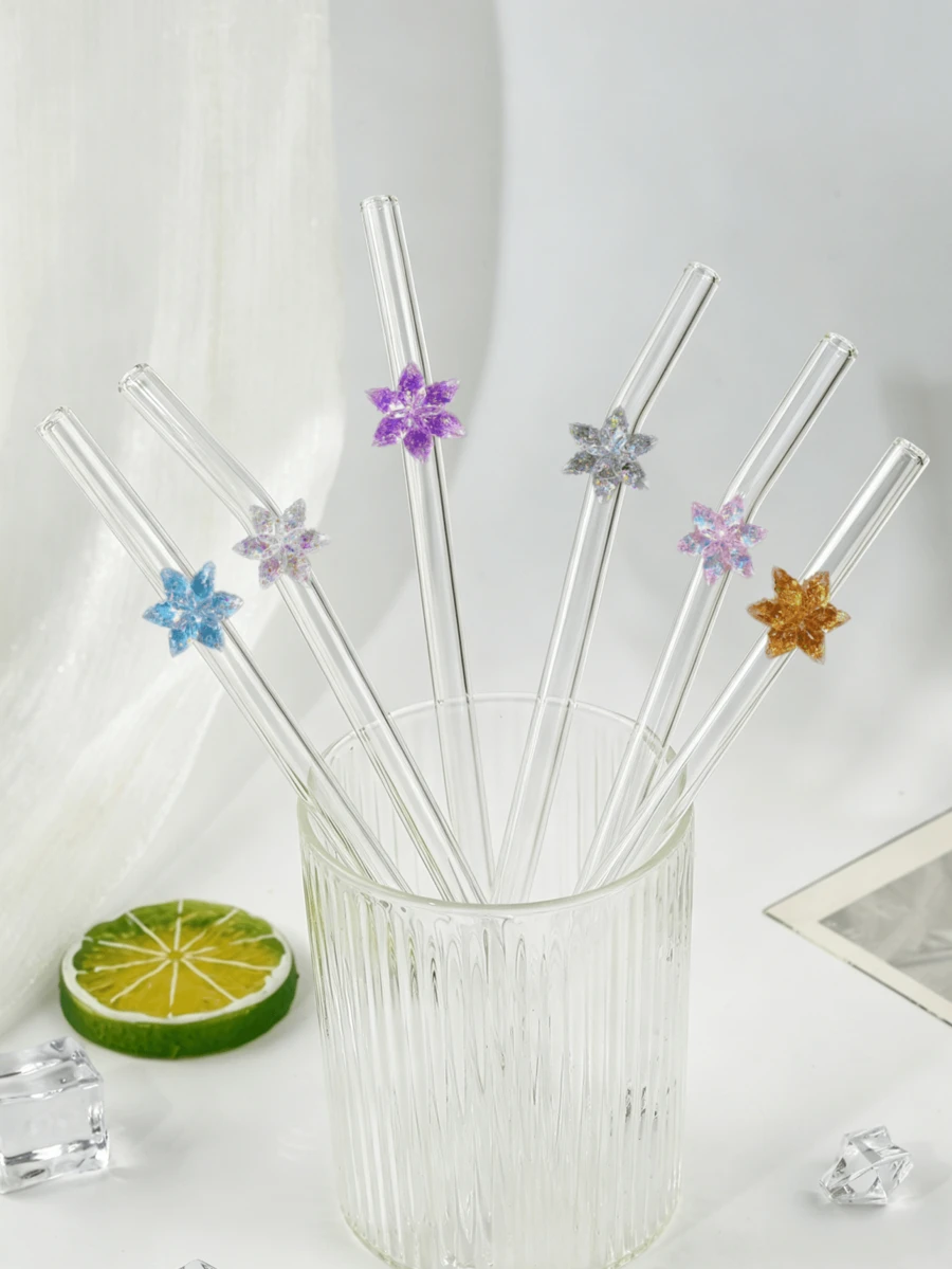 3PCS Bent Glass Straw With Shiny Snowflake Ornament, Reusable For Hot Cold Beverages Milk Tea Juice Coffee, For Party Wedding Kitchen Office, Gift For Friends Lovers, Christmas Halloween Thanksgiving Back‑To‑School