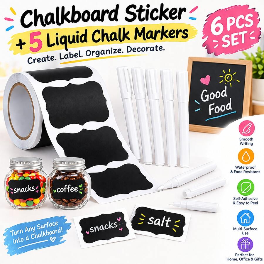 Chalkboard Sticker Liquid Chalk Pen Set | Roll Blackboard Wall Stickers With White Liquid Chalk Pens | Reusable Chalkboard Labels, Suitable For Home, Office, School, Crafts & Party Decoration - A - View 1