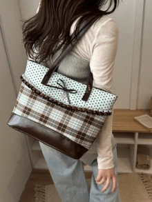 Women's Large Capacity Tote Bag With Polka Dot Patchwork, Blue & Brown Plaid, Ruffle Top, Black Bow & Heart Charm Decor, Handle, Bottom Base, Hand-Carry & Shoulder Strap, Open Top, Layered Storage, Sweet Pastoral Style, Fresh Literary Girl Aesthetic, Spring/Summer Commute & Travel - Green - View 3