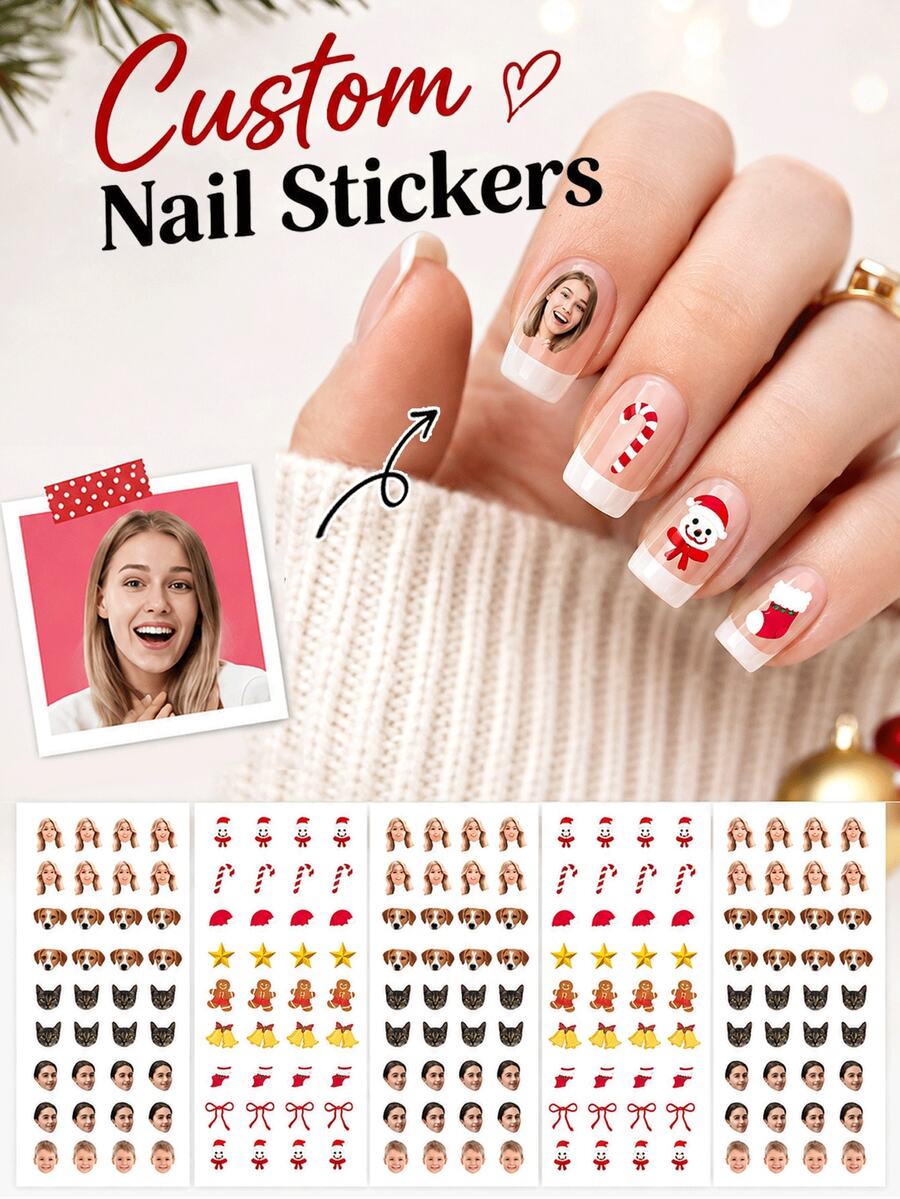 Customized Christmas Nail Stickers, Personalized Photo Nail Stickers, Waterproof Nail Tattoo Stickers, Customized Nail Stickers, DIY Nail Stickers, Suitable For Christmas, Birthday, Wedding, Party, Unique Gift For Her, Suitable For Family And Friends - Multicolor - View 1