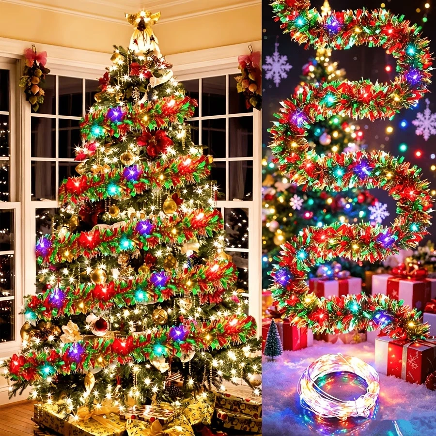 1pc Christmas Ribbon String Lights, LED Christmas Garland Light Strip With Shiny Vines, Suitable For Christmas Tree Decoration, Staircase Decoration, Fireplace Decoration, Room Decoration, Christmas Decoration And Home Decor - Colorful String Lights - View 1