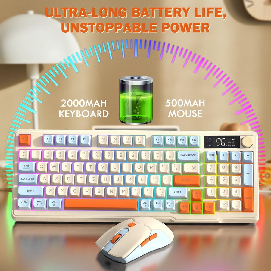 ATTACK SHARK T96 Wireless Keyboard And Mouse Set, Smart Display Knob, Bluetooth/2.4GHz Dual Mode, Rainbow LED Backlight, 94-Key Rechargeable Keyboard With Wireless Computer Mouse - Multicolor - View 1