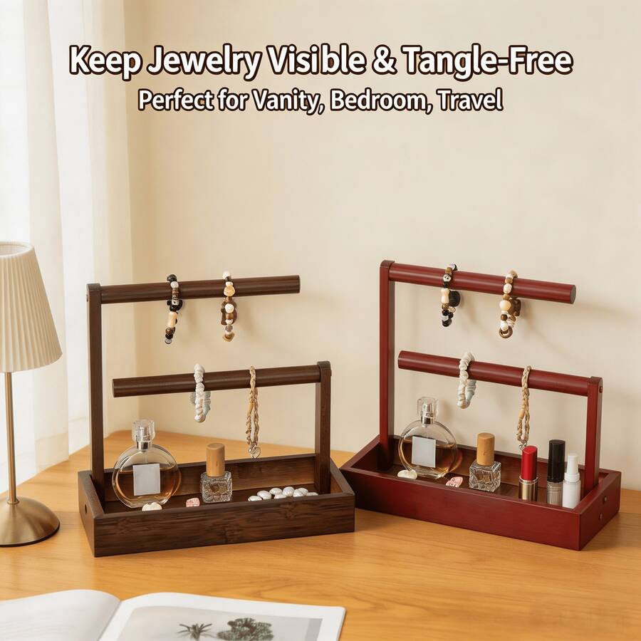 1pc Wooden Jewelry Display Stand, 2-Tier Bracelet & Necklace Storage Rack With Storage Tray, Desktop Jewelry Organizer For Earrings & Rings, Vanity Decor Gift - Small Double-bar Jewelry Stand - View 1