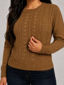 Round Neck Sweater With Nice And Warm Pearls - Cafe - View 2