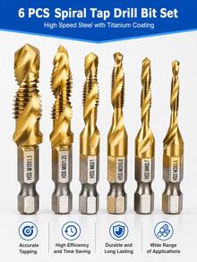 STONEGO 6件/12件組 HSS4341 木工用 M3/M4/M5/M6/M8/M10 公制螺紋攻絲鑽頭,工具配件 - 多款多色 - 查看 2
