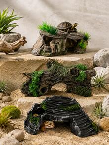 Reptile Rock Hide Cave Set, Includes Artificial Aquatic Plants, Resin Lizard Fence And Turtle Climbing Platform, Gecko Snake Shelter Habitat Decoration, Suitable For Terrarium, Breeding Box, Fish Tank, Aquarium Landscaping And Reptile Habitat Accessories - A - View 3