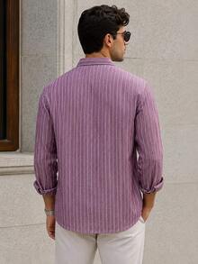 Men's Slim-Fit Striped Casual Long-Sleeve Button-Up Shirt - Soft Textured Cotton-Linen Blend Breathable Shirt For Modern Smart-Casual & Everyday Wear - Purple - View 4