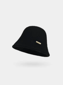 Topi Bucket Wanita Berbulu Lembut, Topi Bucket Warna Polos Hangat dan Lembut dengan Plakat Logam, Aksesori Kasual Sehari-hari - topi - View 9