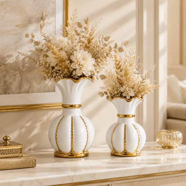 Modern Living Room White & Gold Wave Pattern Ceramic Vase, Luxury Black Gold Vase Home Decor, Back To School Study Supplies Glass Vase