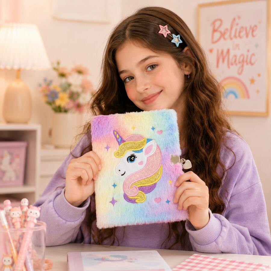 A5 Cute Cartoon Plush Lock Notebook, Soft Fuzzy Diary Journal With Lock And Key, Kawaii Stationery Gift For Girls - Multi-color - View 1
