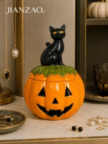 1pc Halloween Pumpkin Storage Jar With Black Cat Lid, Jack-O'-Lantern Decorative Jewelry Box For Candy, Rings, Necklaces, Home Desktop Holiday Decor - Pumpkin Cat Storage - View 9