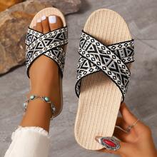 Women's Spring/Summer Home Slippers, Cross Strap Linen Slippers, Vintage All-Season Breathable Indoor Floor Slippers, Comfortable Beach Vacation Slippers - Black - View 2
