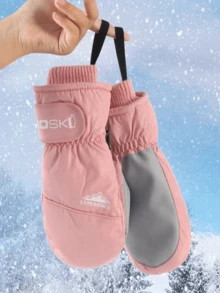 Winter Ski Gloves, Casual Outdoor Style, Multi-Color, Windproof Waterproof Thickened Fabric, Mountain Letter Print, Adjustable Hook And Loop Cuff, Warm Anti-Slip With Hanging Loop, Suitable For Skiing, Snow Play, Hiking, Winter Outdoor Use - Multicolor - View 9