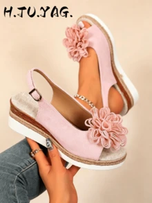 Casual Commute Floral Wedge Sandals For Women, Woven Rope Ankle Strap Open Toe Platform Slides - Pink - View 1