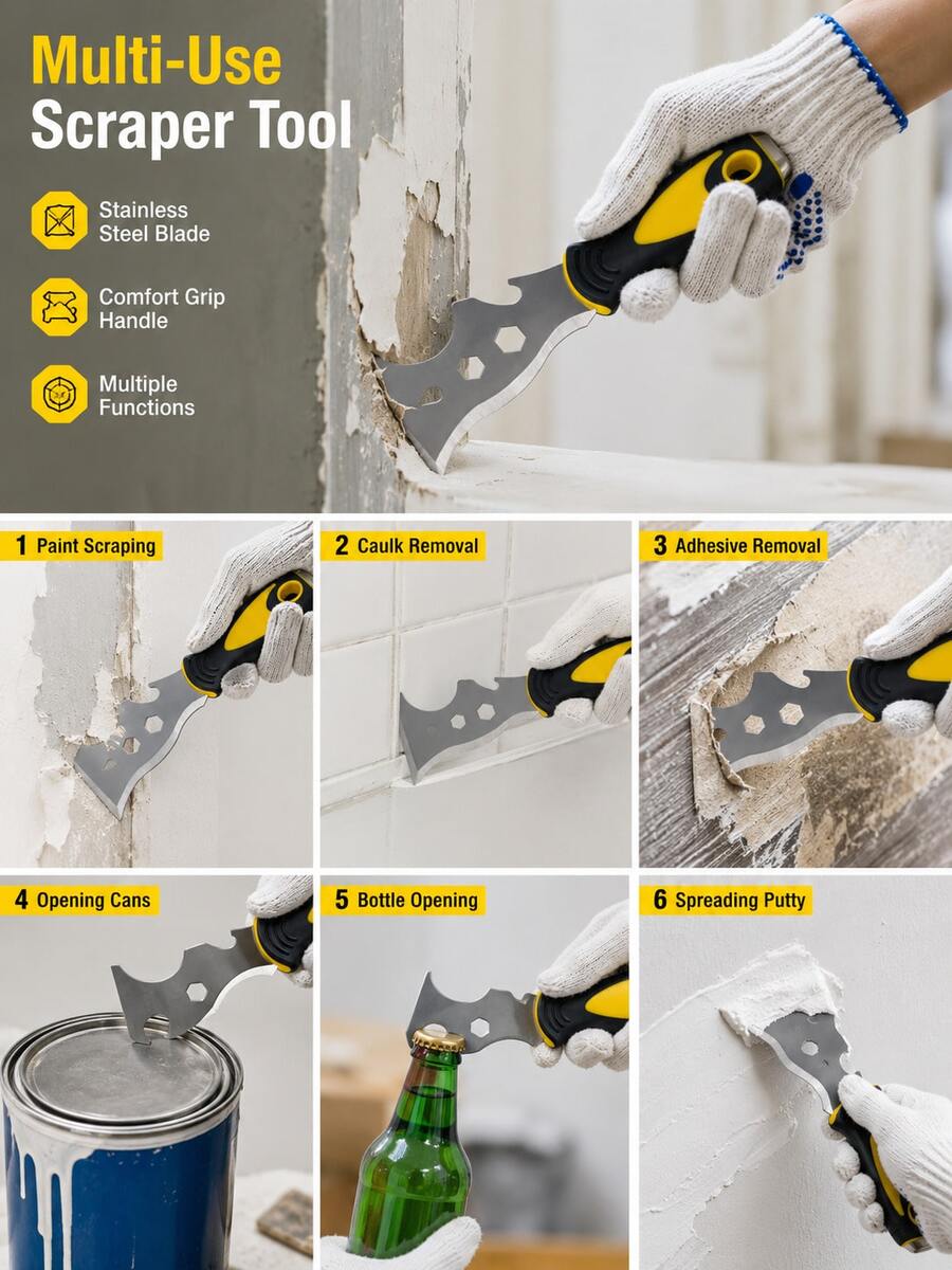 15-In-1 Multi-Function Paint Scraper With Serrated Edge, Ergonomic Handle And Metal Blade, Durable Construction, Efficient Paint Removal, Suitable For DIY Projects And Professional Use, Paint Removal Tool
