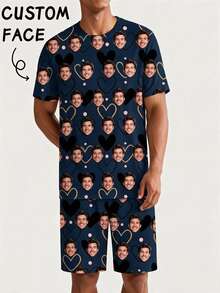 A Custom-Face Printed Pajama Set Making It An Ideal Gift For Your Boyfriend Or Girlfriend-Perfect For Anniversaries, Birthdays, And Various Holidays. - Navy Blue - View 1