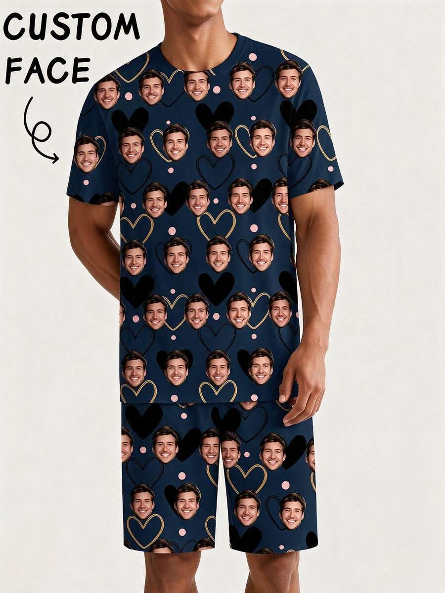 A Custom-Face Printed Pajama Set Making It An Ideal Gift For Your Boyfriend Or Girlfriend-Perfect For Anniversaries, Birthdays, And Various Holidays. - Navy Blue - View 1