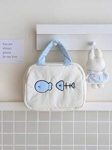 Cute Fish Bone Embroidery Padded Handheld Makeup Bag, Blue & White Color Options, Large Capacity Fabric Travel Skincare & Cosmetic Storage Organizer - Multicolor - View 9