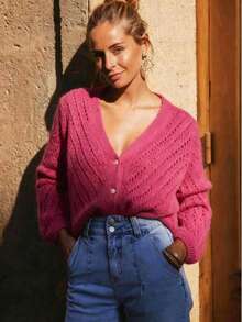 Women's Solid Color Casual Versatile Daily Wear Cardigan - Hot Pink - View 3